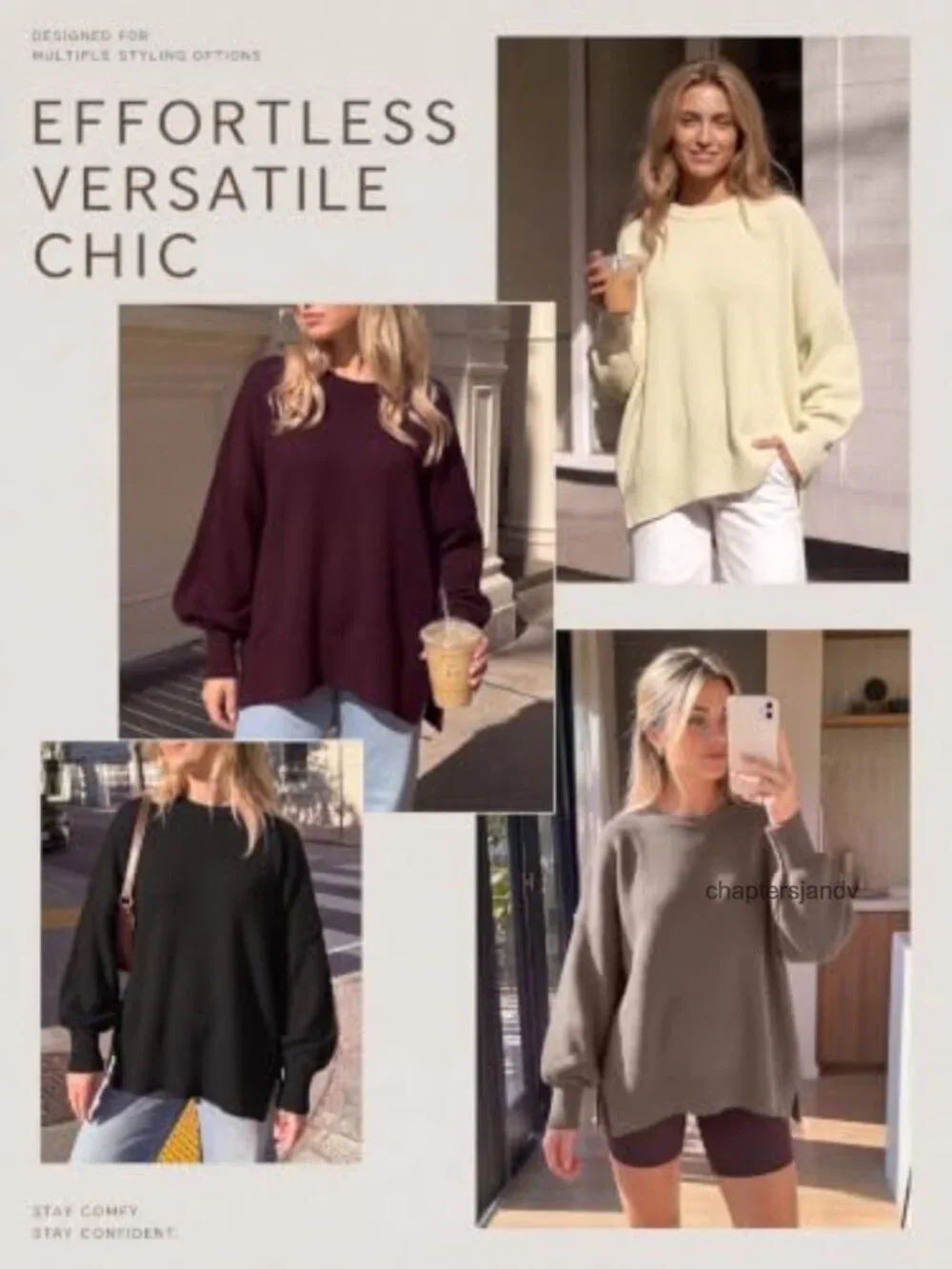 Oversized Crewneck Pullover Sweater Tunic Top for Women